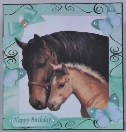 Moment with mum and baby foal with butterflies 8x8 (turq) by Hazel Underwood