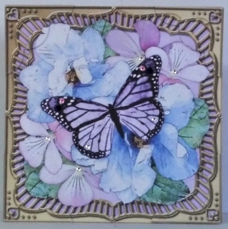 8 x 8 Flowers & Butterfly in a Gold Frame Scalloped Corner Topper   by Hazel Underwood