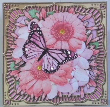 8 x 8 Flowers & Butterfly in a Gold Frame Scalloped Corner Topper   by Hazel Underwood