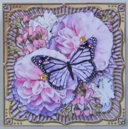 8 x 8 Flowers & Butterfly in a Gold Frame Scalloped Corner Topper   by Hazel Underwood