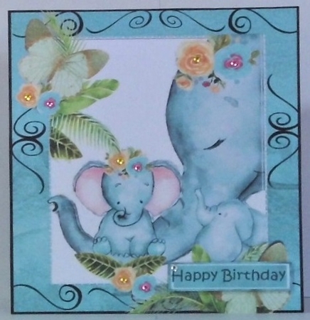 Lovely moment with mum and baby elephants in water colour (turq) 8x8 by Hazel Underwood