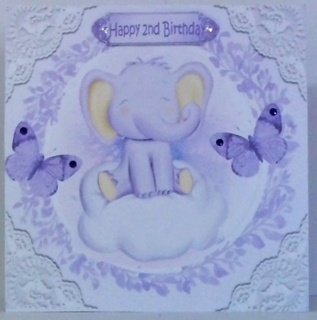 sweet little ele on a cloud with purple butterflies and lace 8x8 by Hazel Underwood