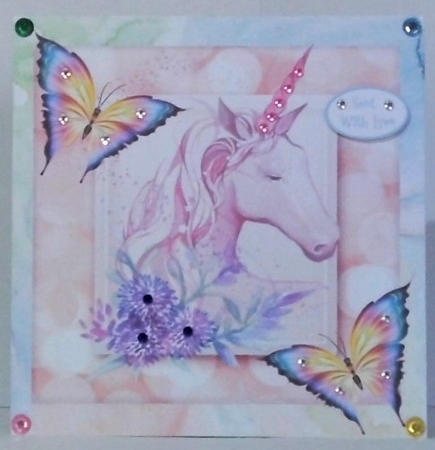 Pink rainbow unicorn with butterflies 8x8 by Hazel Underwood