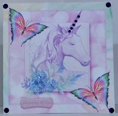 lilac rainbow unicorn with butterflies 8x8 by Hazel Underwood