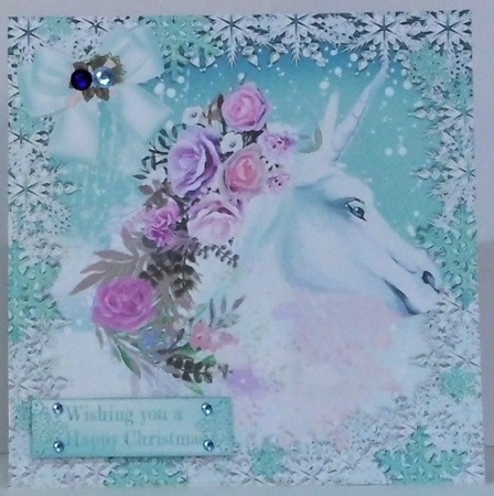 beautiful white unicorn with roses fantasy snow turq 8x8 by Hazel Underwood