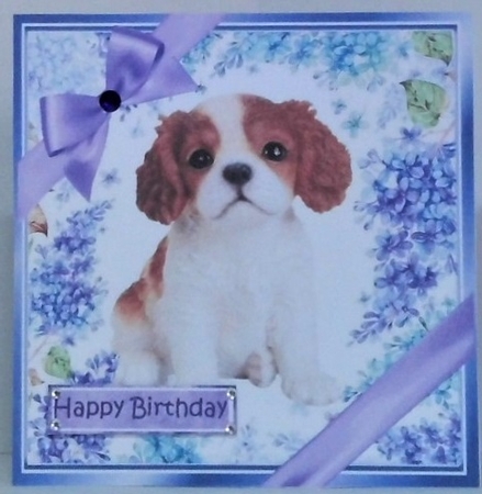Gorgeous little cavalier puppy with purple bows and flowers 8x8 by Hazel Underwood
