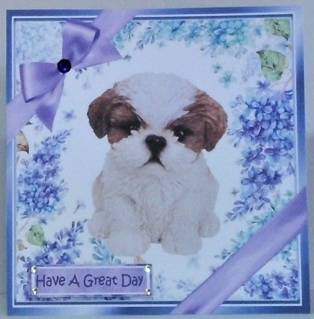 Gorgeous little shitzu puppy with purple bows and flowers 8x8 by Hazel Underwood