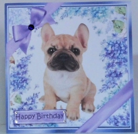 Gorgeous little french bulldog puppy with purple bows and flowers 8x8 by Hazel Underwood