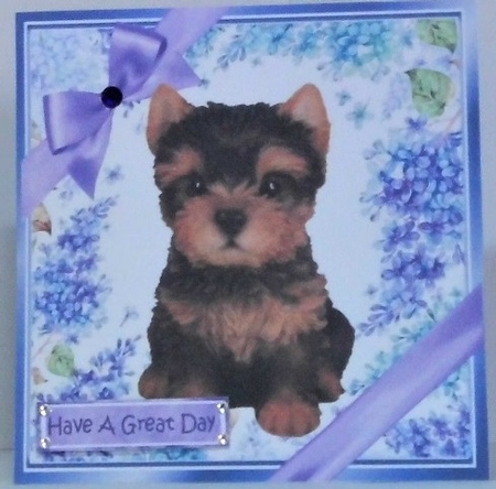 Gorgeous little yorki puppy with purple bows and flowers 8x8 by Hazel Underwood