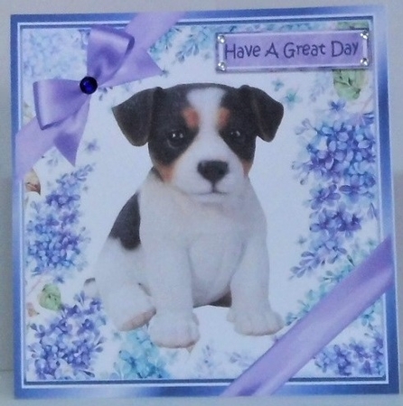 Gorgeous little jack russel puppy with purple bows and flowers 8x8 by Hazel Underwood