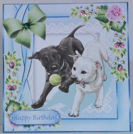 Playful dogs with a ball with flowers 8x8 by Hazel Underwood