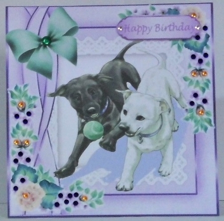 Playful dogs with a ball with purple flowers 8x8 by Hazel Underwood
