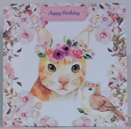 Lovely water colour cat with little bird and flowers 8x8 by Hazel Underwood