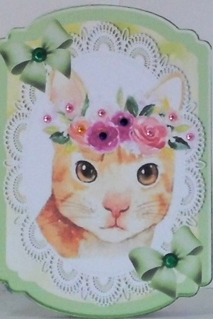 Pretty water colour cat with flowers on lace bracket card by Hazel Underwood