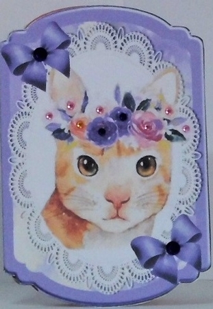 Pretty water colour cat with flowers on lace purple bracket card by Hazel Underwood