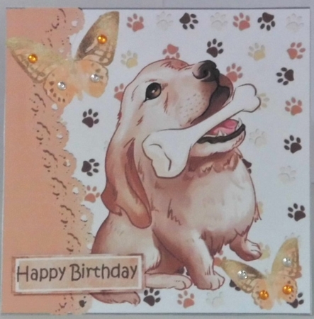 Cute painted dog with his bone and  butterflies 7x7 (brown) by Hazel Underwood