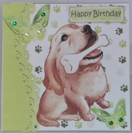 Cute painted dog with his bone and  butterflies 7x7 (green) by Hazel Underwood