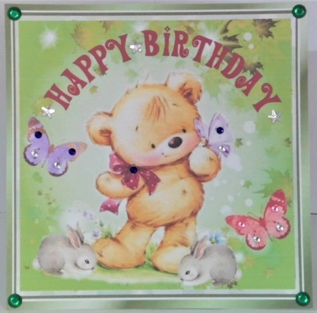 Cute little teddy with bunnies and butterflies 8x8 by Hazel Underwood