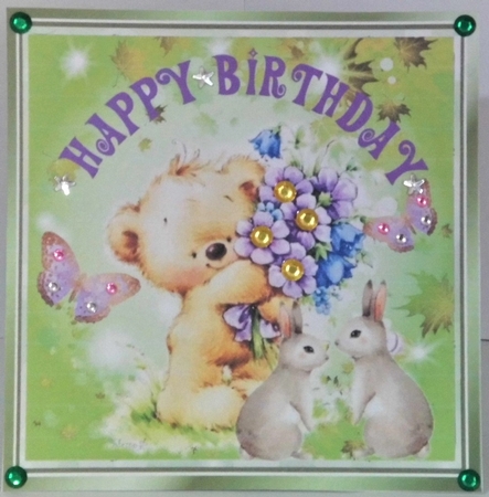 Cute little teddy with bunnies butterflies, and purple flowers 8x8 by Hazel Underwood