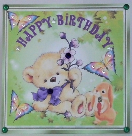 Cute little teddy sitting down with bunny and butterflies 8x8 by Hazel Underwood