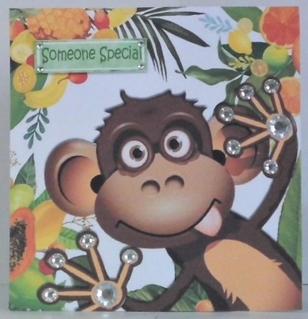 Cheeky Monkey in fruit and leaf 8x8 frame by Hazel Underwood