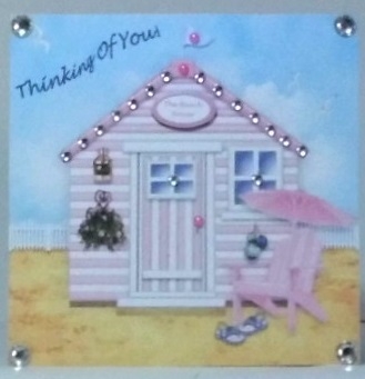 Thinking Of You Pink Beach Hut 6 x 6 Card Topper With Decoupage by Hazel Underwood