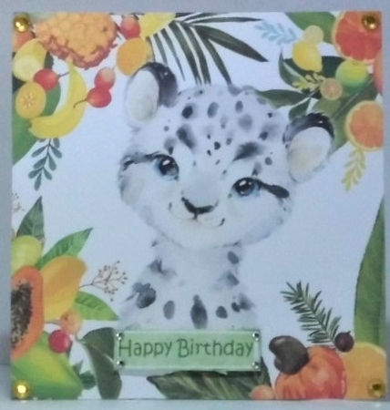 Lovely Tropical Fruit Frame with a white tiger 8x8 card front by Hazel Underwood