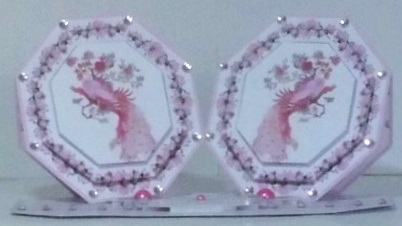Pink roses and peacock octagonal double easel card with matching envelope by Hazel Underwood