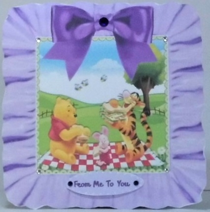 Picnic time with bear and friends in frill frame 8x8 with purple bow by Hazel Underwood