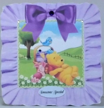 Snoozy bear and friends in frill frame 8x8 with purple bow by Hazel Underwood