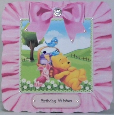 Snoozy bear and friends in frill frame 8x8 with pink bow by Hazel Underwood