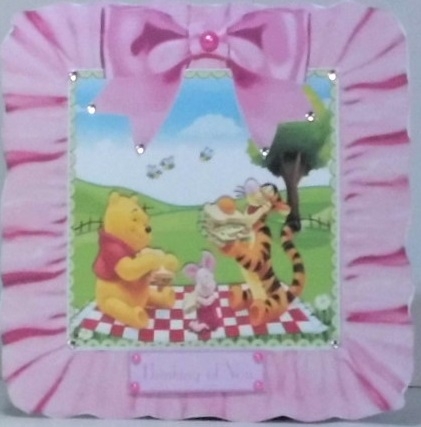 Picnic time with bear and friends in frill frame 8x8 with pink bow by Hazel Underwood