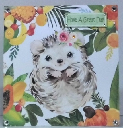 Lovely Tropical Fruit Frame with a cute hedgehog 8x8 by Hazel Underwood