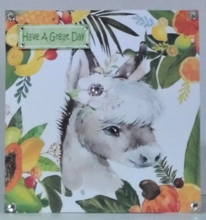 Lovely Tropical Fruit Frame with a lovely donkey 8x8 by Hazel Underwood