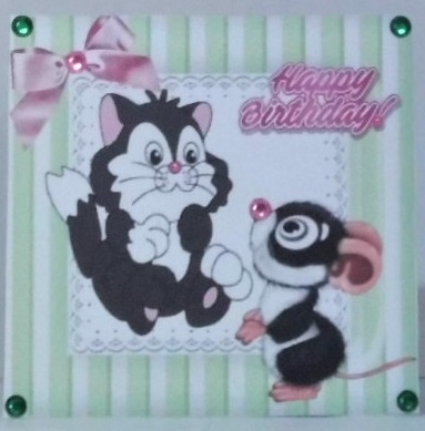 Cute cat & mouse in striped green frame with lace and bow 7x7 by Hazel Underwood