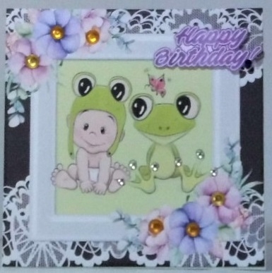 Cute baby and frog with flowers in ornate frame 7x7 by Hazel Underwood