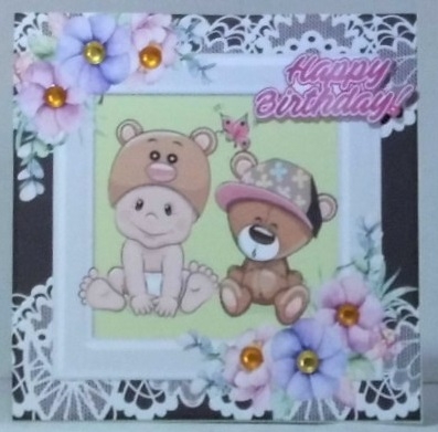 Cute baby and teddy bear with flowers in ornate frame 7x7 by Hazel Underwood