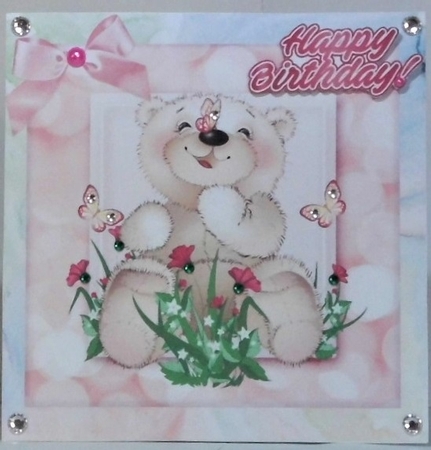 Cute baby bear with butterflies in rainbow frame 8x8 by Hazel Underwood