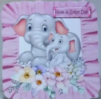 Cute mum and cute baby elephant wih flowers in frill frame 8x8 by Hazel Underwood