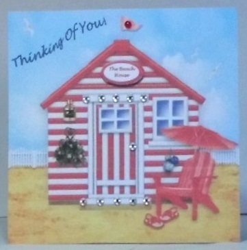 Thinking Of You Red & White Beach Hut (3) 6 x 6 Card Topper With Decoupage by Hazel Underwood