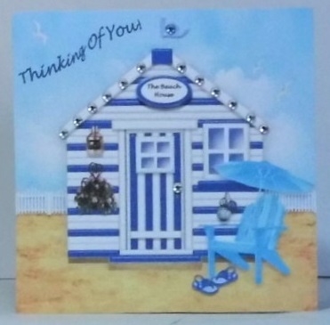 Thinking Of You Blue & White Beach Hut (4) 6 x 6 Card Topper With Decoupage by Hazel Underwood