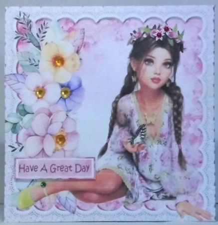 pretty girl with butterfly and flowers on lace 8x8 with pyramids by Hazel Underwood