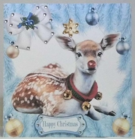 Cute Rudey with blue baubles and bow 8x8 by Hazel Underwood