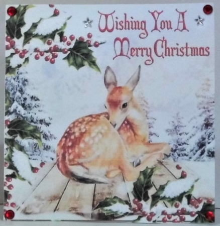 sleeping deer with holly and berries with snow 8x8 by Hazel Underwood