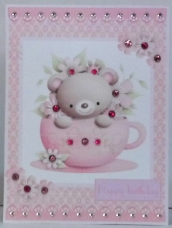 Birthday girl greeting card with cute teddy bear in a tea cup by Hazel Underwood