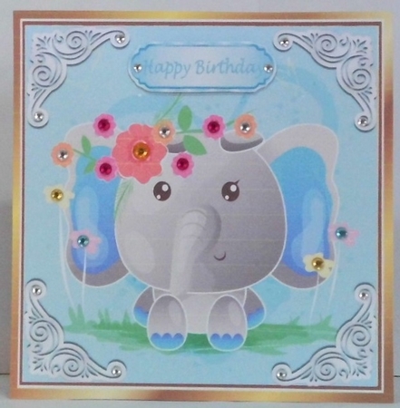 Cute painted  elephant with flowers and ornate corners 8x8  by Hazel Underwood