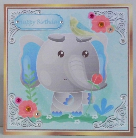 Cute painted  elephant with flowers and bird  with ornate corners 8x8 by Hazel Underwood