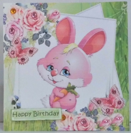 cute pink bunny with carrot and butterfly 8x8 by Hazel Underwood