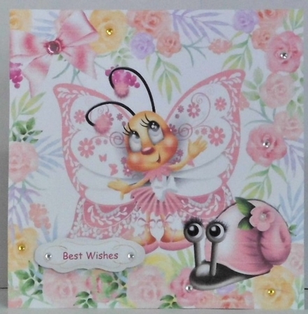 sweet toony pink butterfly with snail in flower garden 8x8 by Hazel Underwood