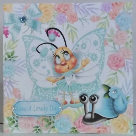 sweet toony turq butterfly with snail in flower garden 8x8 by Hazel Underwood